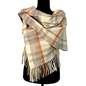 Pretty Persuasions SHAWL WRAP Plaid Beige Tan Coral Gray Fringe VERY SOFT NEW